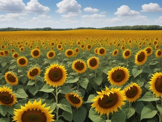Obraz premium Beautiful sunflowers field on a background. Sunset and blue sky, landscape scenery. Generative AI