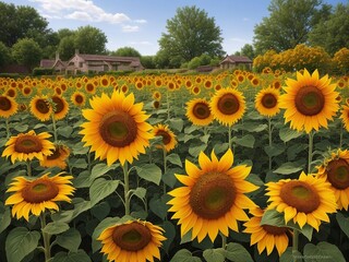 Obraz premium Beautiful sunflowers field on a background. Sunset and blue sky, landscape scenery. Generative AI