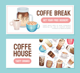 Coffee House or Shop Banner Design with Aromatic Drink in Cup and Glass Vector Template