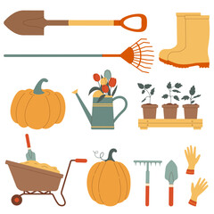 Set of garden tools for harvesting. Ripe pumpkin. Autumn farm collection. Shovel, rake, cart, watering can, rubber boots, gloves. Vector illustration