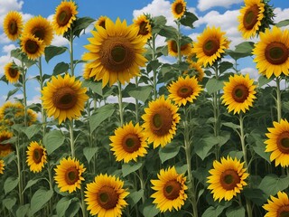 Fototapeta premium Beautiful sunflowers field on a background. Sunset and blue sky, landscape scenery. Generative AI