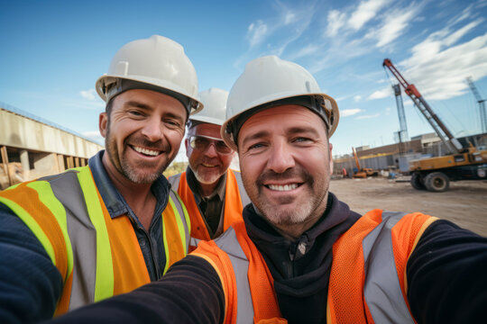 Smiling construction workers looking at a smartphones or a tablet at a construction site.  workers looking at the computer camera talking to other coworkers remotely