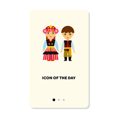 Man and woman in national costumes flat icon. Polish isolated vector sign. Clothes and tradition concept. Vector illustration symbol elements for web design and apps