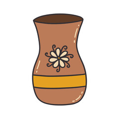 Antique brown jug for milk or water. Flower print. Old clay pot or ceramic vase. Colorful vector isolated illustration hand drawn doodle. Icon or card with contour