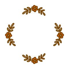 Round frame with botanical branches and red flowers. Highlight shape on white background, holiday decoration for postcards or business cards. Colorful vector isolated illustration hand drawn doodle