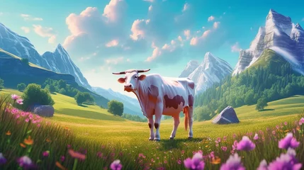 Fotobehang Illustration of a cow in a magical landscape.Generative AI © shuvodesign