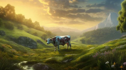 Rolgordijnen Illustration of a cow in a magical landscape.Generative AI © shuvodesign