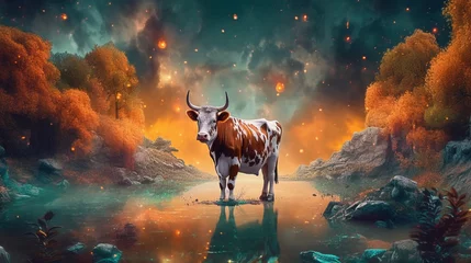 Rolgordijnen Illustration of a cow in a magical landscape.Generative AI © shuvodesign