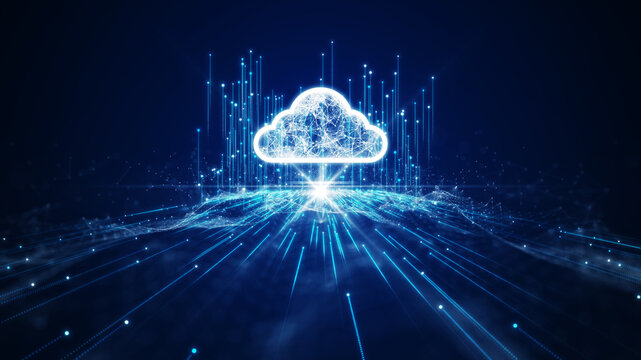 Cloud and edge computing technology data transfer concept. A large cloud icon is in the center. Abstract motion interconnected polygons lines and dots on a dark blue background.