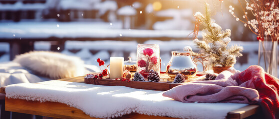 Cozy romantic composition with served dinner table,backyard  furniture, candles, lantern, garland. Evening winter patio. Christmas, New Years holidays. Outdoors vacation. Exterior Design.Generative ai