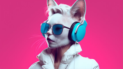 cat listening music with headphones