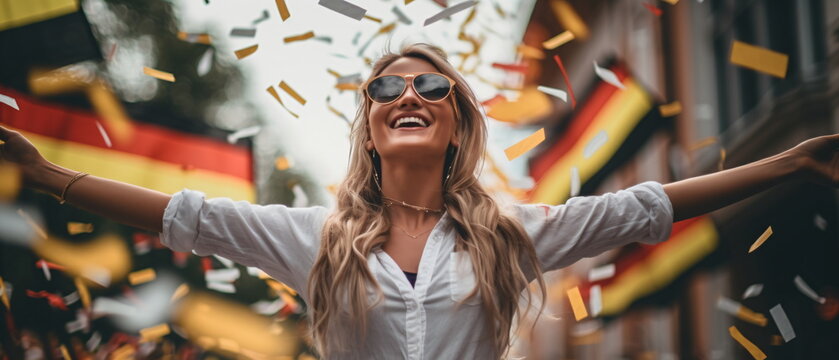 Portrait of pretty and happy German woman standing with smile, in front of German flags, shouting, celebrating victory or success. Generative ai