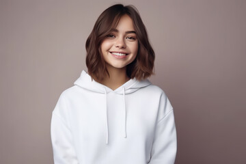 Obraz premium White pullover on a young woman, isolated, with copy space. mockup