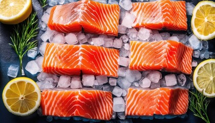 Fresh salmon fillet on ice with lemon and rosemary. Raw fish meat. Seafood background. Top view, from above