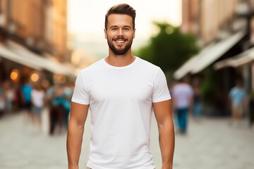 White t-shirt on a young man posing on an outdoor background.  mockup