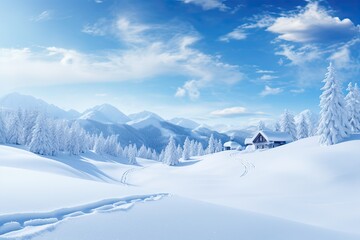 Fototapeta premium Winter Wonderland Drawing, Mountains in the Snow with Cabin