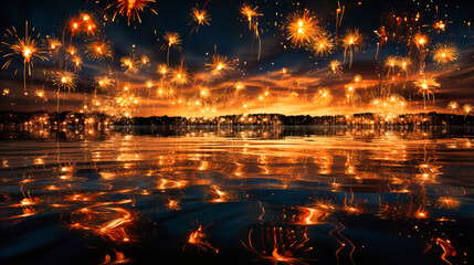 A sequence of fireworks reflected in a serene pool of water