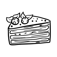 Piece of sliced cake. Birthday. isolated object. Doodle style.
