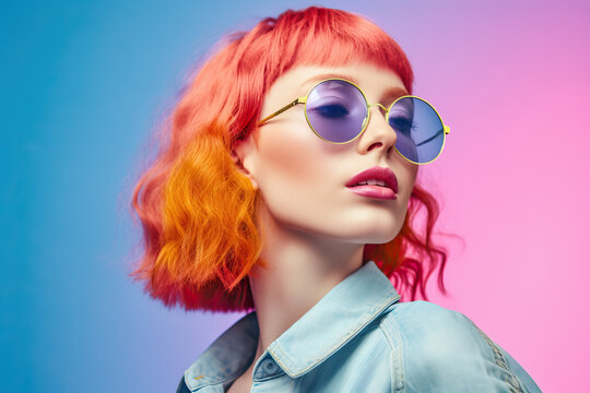 Generative AI image of portrait of crop young female looking away while standing with trendy sunglasses and makeup against blue and pink wall