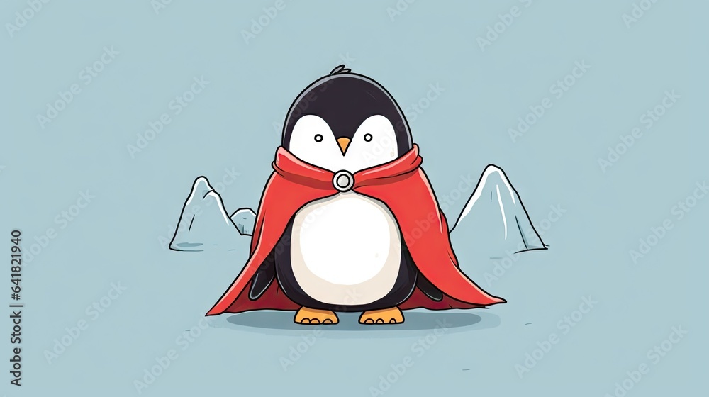 Poster a penguin with a red cape on its head and a mountain in the background. generative ai