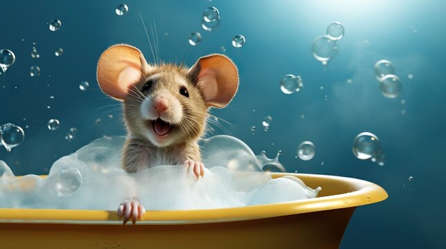 a mouse sitting in a bathtub with bubbles around it.  generative ai