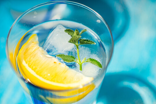 Summer cocktail with lemon vodka, slice of lemon and wild mint leaves