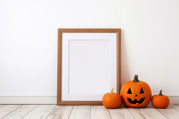 An empty vertical wooden frame for mockup stands near the jack o lantern pumpkins. White wall background. Halloween decor.