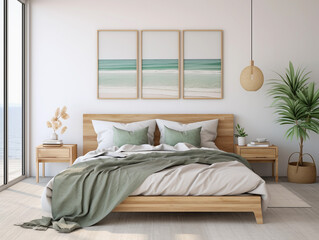 Contemporary bedroom interior. Wooden double bed with sage green pillows. Minimalist furniture and abstract wall art set of 3 prints on a white wall.