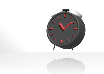3d alarm clock on pastel white background. dark watch design concept of time. 3d clock vector rendering in isolated white background. 3d alarm for watch hour and minute