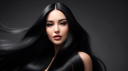 Fototapeta premium Asian woman with healthy shiny black hair with studio backdrop Lap space for advertising media.Generative AI