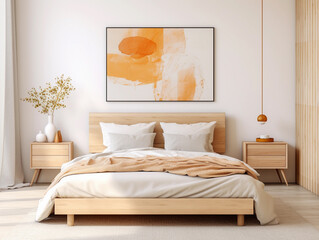 Minimalist bedroom interior in neutral tones. Wooden double bed with pillows. Cozy furniture and abstract orange wall art on a white wall.