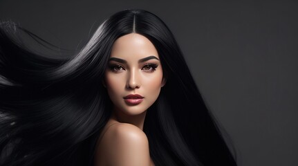 Fototapeta premium Asian woman with healthy shiny black hair with studio backdrop Lap space for advertising media.Generative AI