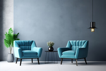 scene of Modern interior of living room, with armchair ,blue armchair ,interior design concept