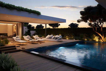 Scene of  Model house with swimming pool  with day bed  , exterior design , luxury villa