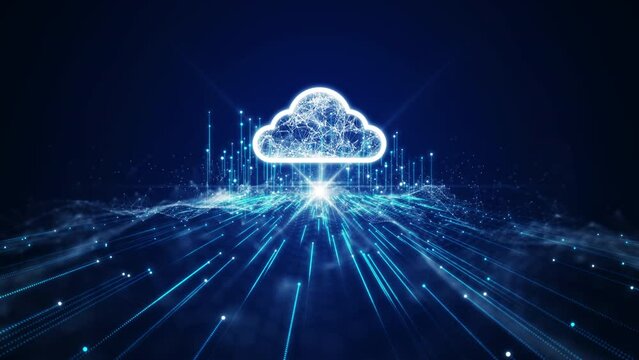 Cloud and edge computing technology data transfer concept. A large cloud icon is in the center. Abstract motion interconnected polygons lines and dots on a dark blue background.
