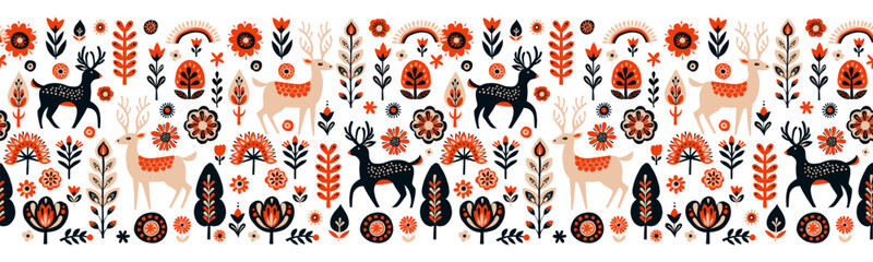 Simple minimalist Scandinavian seamless pattern with deer, christmas forest, flowers