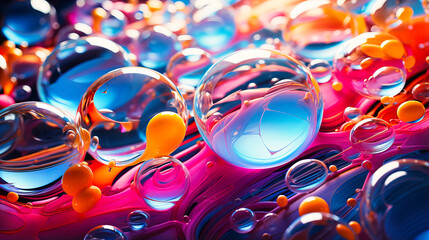 Colorful foam bubbles floating, their surfaces reflecting distorted festive images - obrazy, fototapety, plakaty