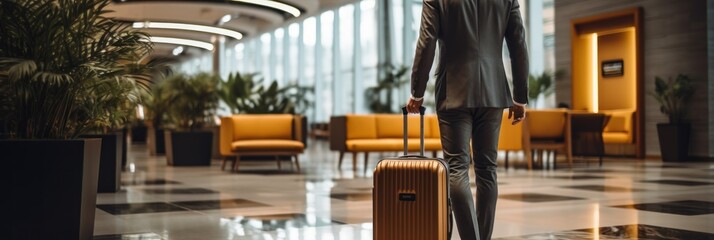 image of businessman in suit with suitcase walking in hotel lobby. Hotel Concept with a Copy Space. - obrazy, fototapety, plakaty
