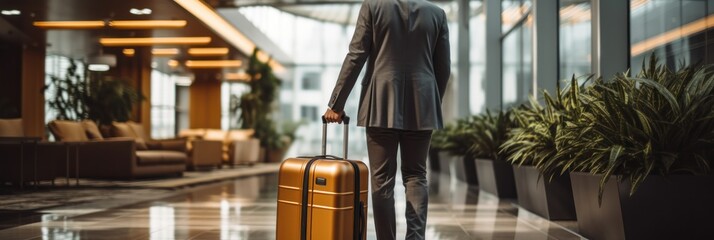 image of businessman in suit with suitcase walking in hotel lobby. Hotel Concept with a Copy Space. - obrazy, fototapety, plakaty