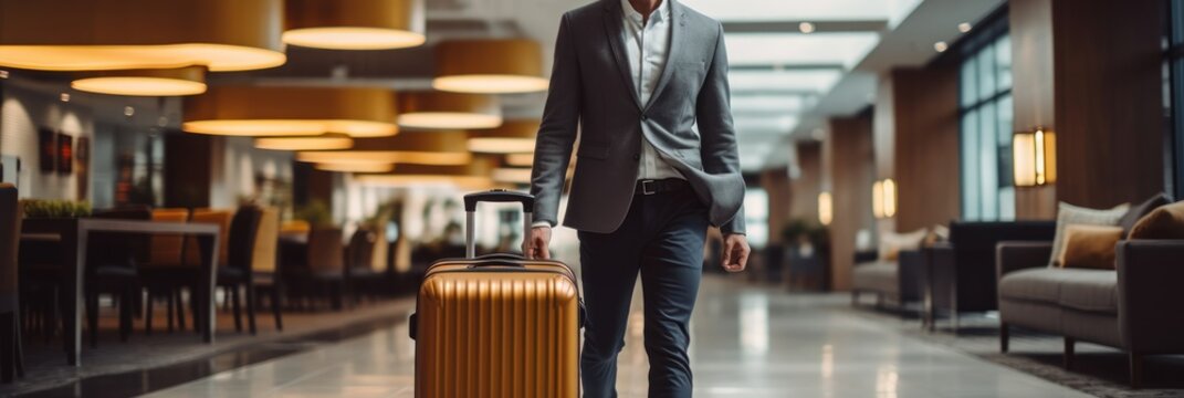 Cropped image of businessman in suit walking in hotel lobby with suitcase. Hotel Concept with a Copy Space.