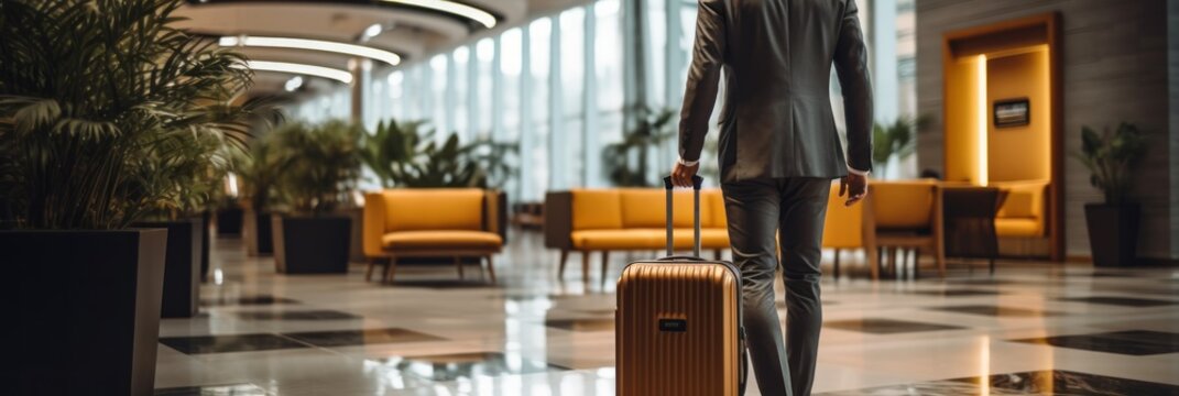 image of businessman in suit with suitcase walking in hotel lobby. Hotel Concept with a Copy Space.