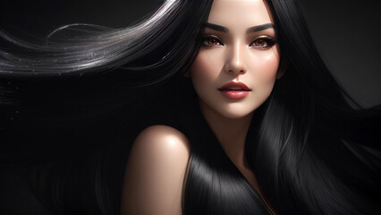 Asian woman with healthy shiny black hair with studio backdrop Lap space for advertising media.Generative AI