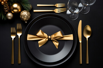 formal Christmas dinner setting,  minimalist black and gold