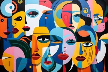 Serene Faces Amidst Bold Graphic Patterns: An Abstract Social Media Art Piece (AI Generated)