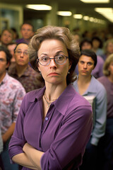 Obraz premium An 50th years old female teacher looking frustrated because doesn’t find a new job. She is in a public library with a lot of people behind, reading a daily journal. She is wearing a dark purple t-shir