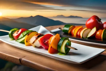 Gordijnen Grilled veggie kebabs with colorful peppers. © Arqumaulakh50