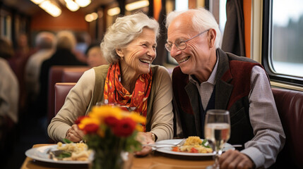 An elderly couple comfortably settled in a train compartment, enjoying the picturesque views outside the window and each other's company. Happy and joyful moments of train travel.