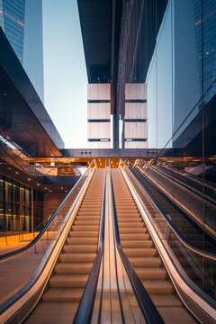 Modern business area with escalators with moving steps and illuminated complex