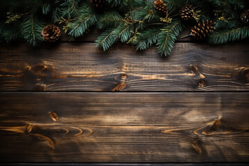 Christmas background with fir tree and decoration on dark wooden board.  illustration of Christmas post card or banner ad. - obrazy, fototapety, plakaty
