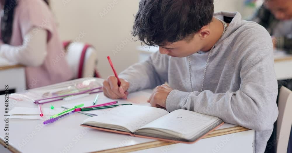 Poster education, exam and a boy student writing in class during a test or assessment learning or developme